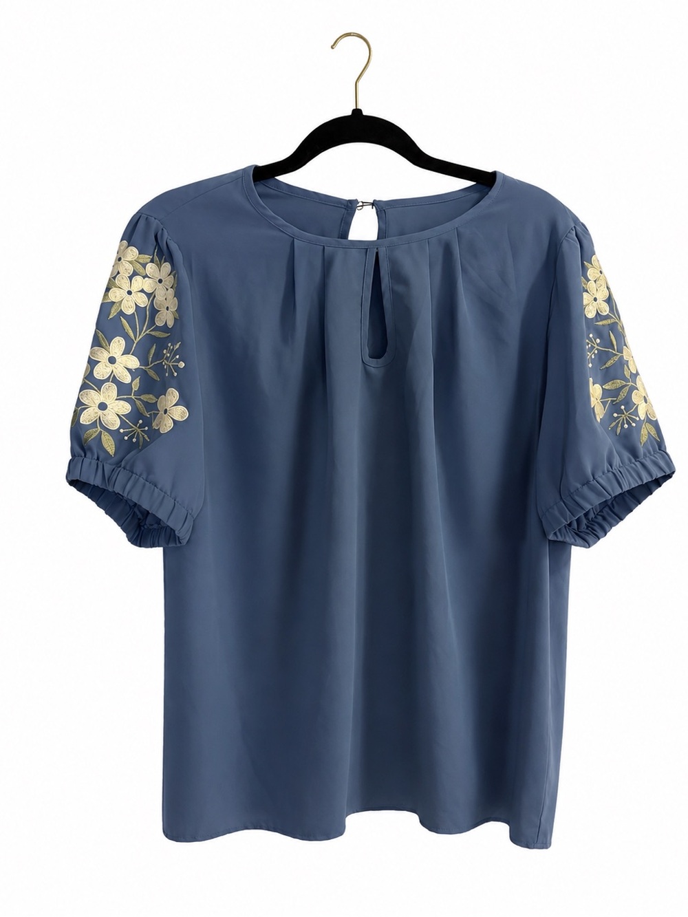 SHEIN Blue Blouse with Cream Floral Embroidered Puff Sleeves